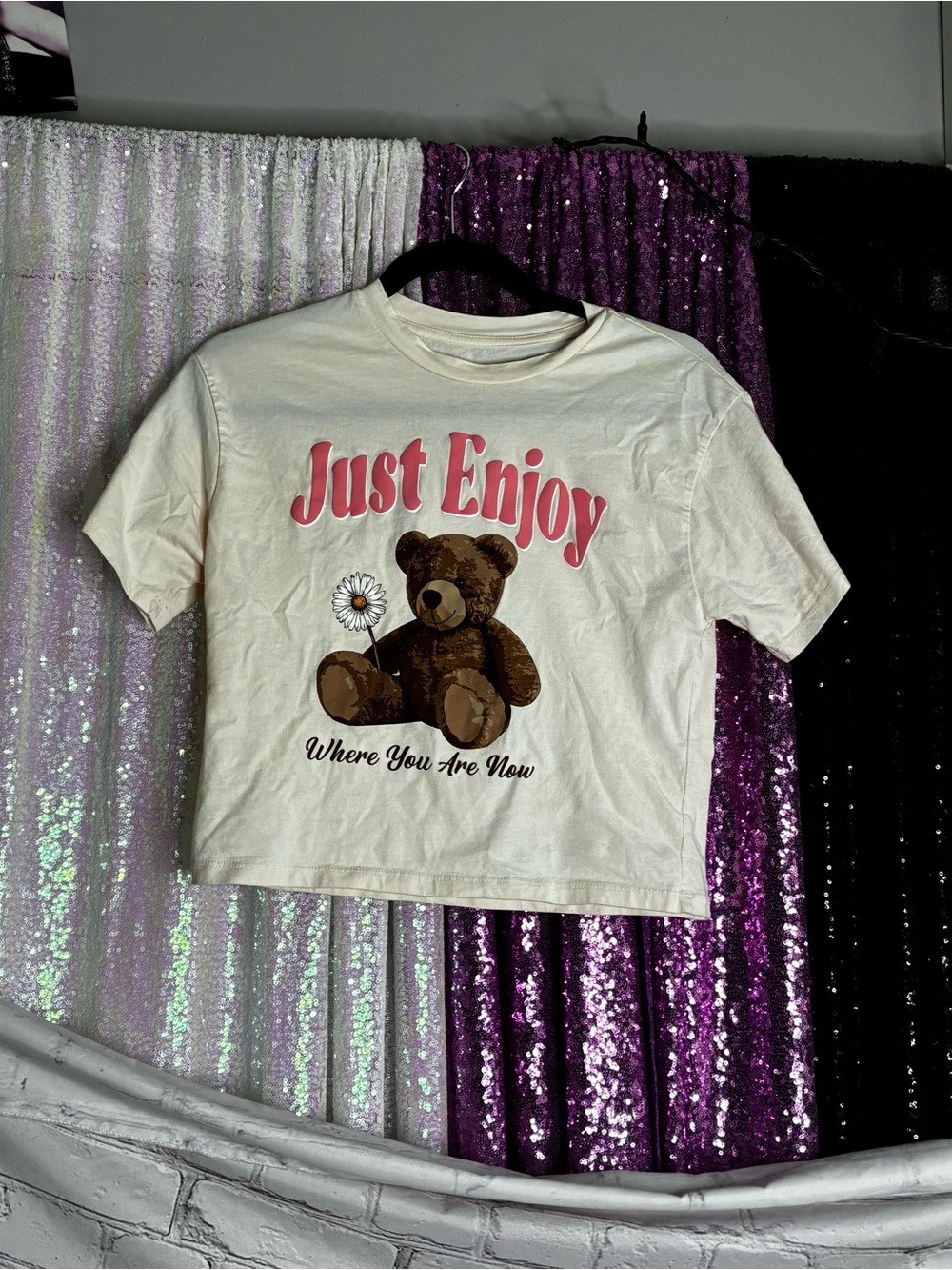 5/$20 Organic Collective Just Enjoy Where You Are Now Teddy Bear Crop Top Sz XS